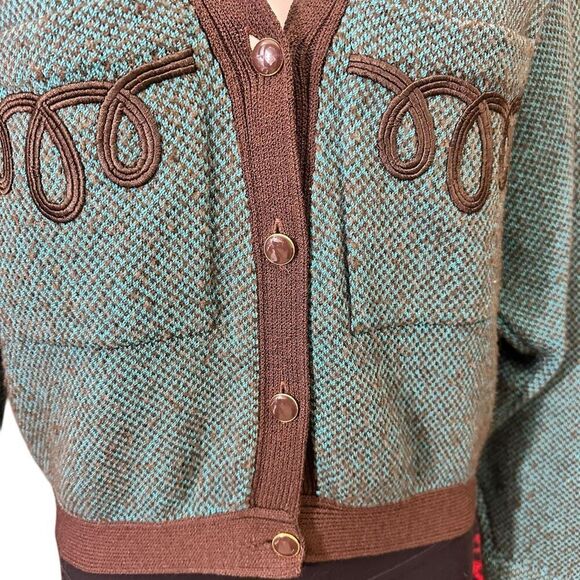St. John Vintage 1970s V-Neck Green Brown‎ Buttoned Knit Sweater Cardigan Sz 12 - Picture 3 of 9